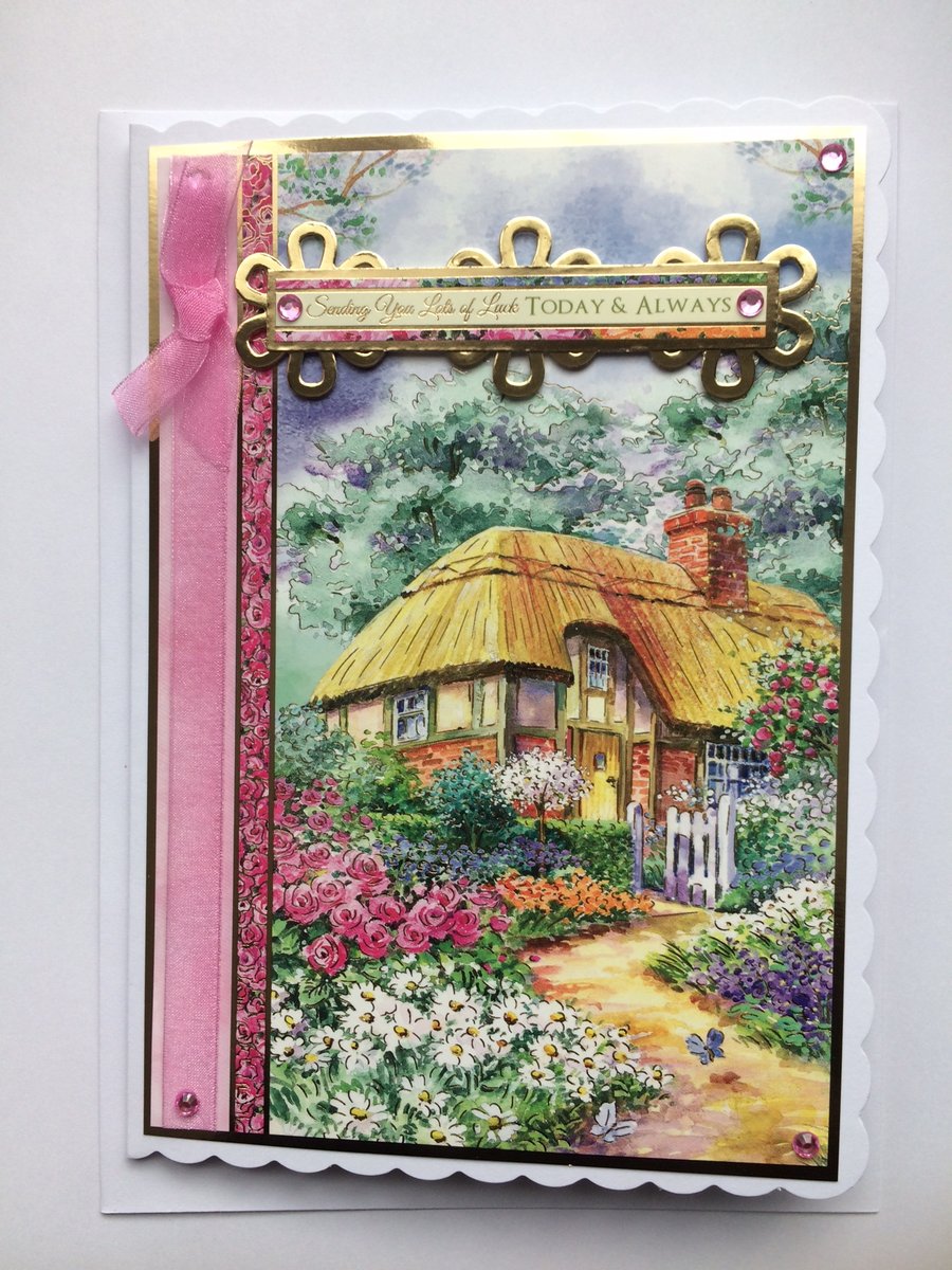 3D Luxury Handmade Card New Home Sending Lots of Luck Thatched Country House