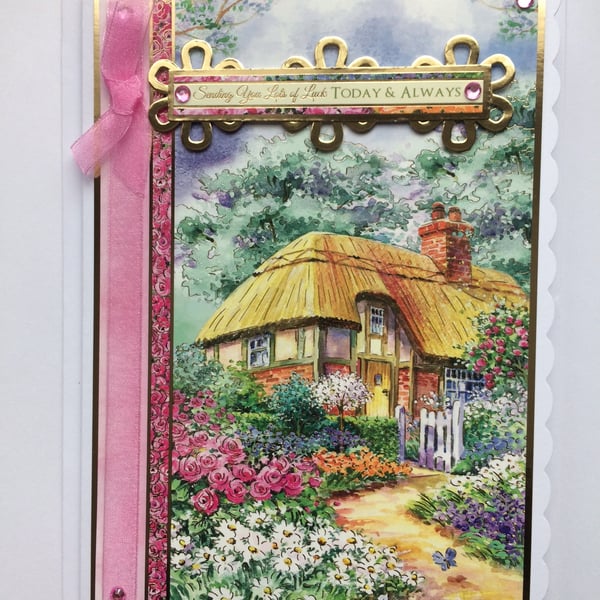 3D Luxury Handmade Card New Home Sending Lots of Luck Thatched Country House