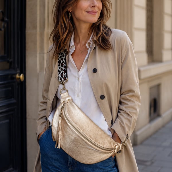 Sling bag light gold leather crossbody bag with detachable strap