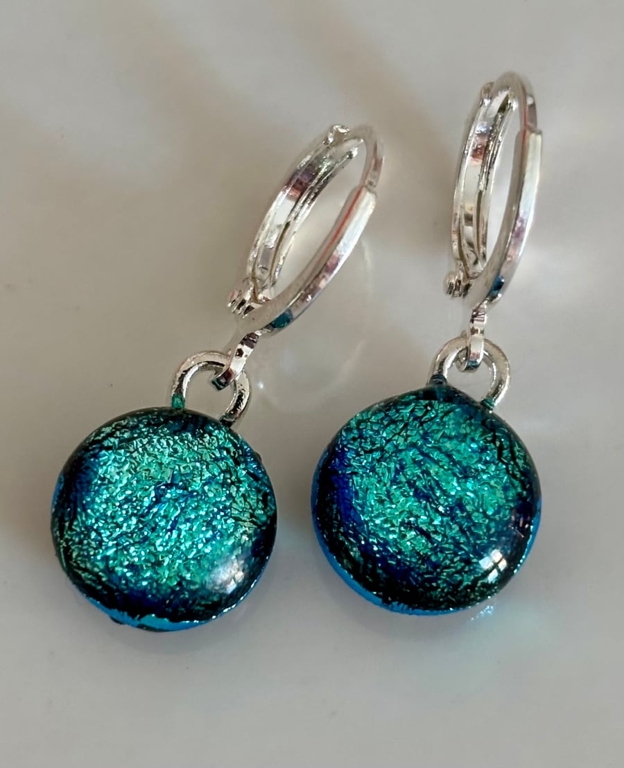 Turquoise Dichroic Fused Glass Earrings - Handmade in Suffolk