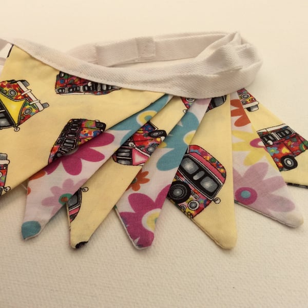 Floral Camper Van Retro Fabric Bunting, Pastel Lemon & Flower Fabric