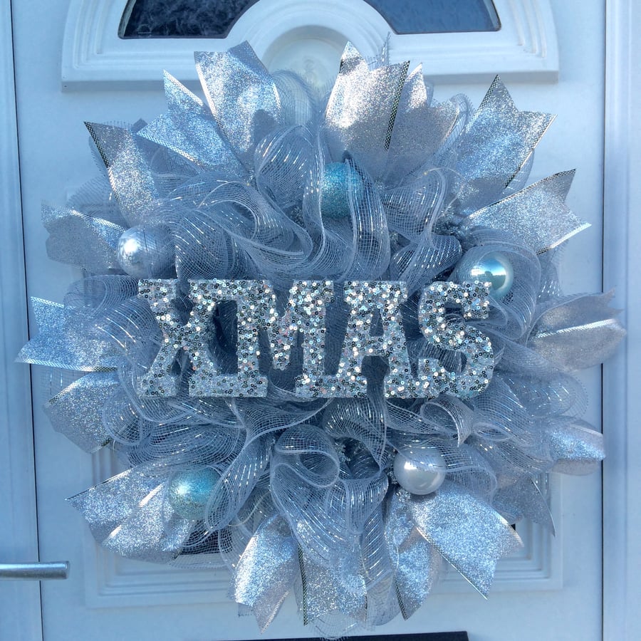 Silver Ice Blue Christmas Wreath, Wall Decor, Silver Ice Blue Door Wreath