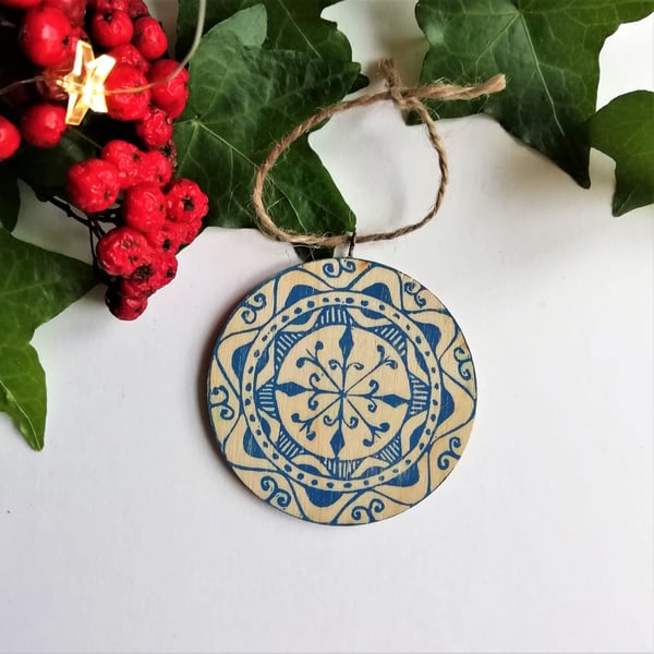 Handprinted Wooden Tree Decoration in Navy Blue