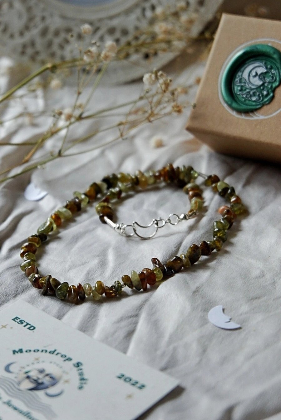Green garnet bohemian gemstone choker necklace with moon clasp