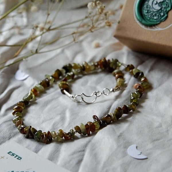 Green garnet bohemian gemstone choker necklace with moon clasp