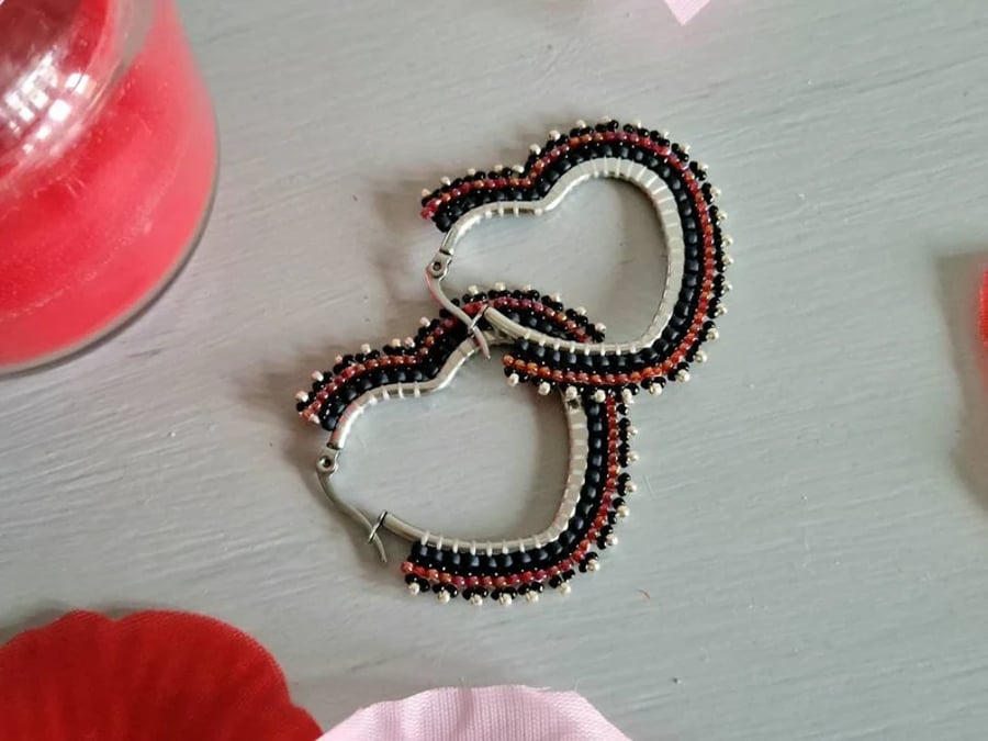 Beaded Black Gothic Heart Earrings