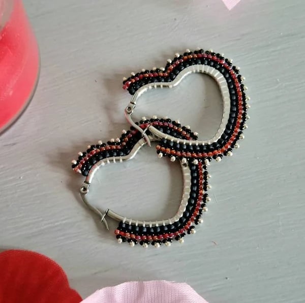 Beaded Black Gothic Heart Earrings