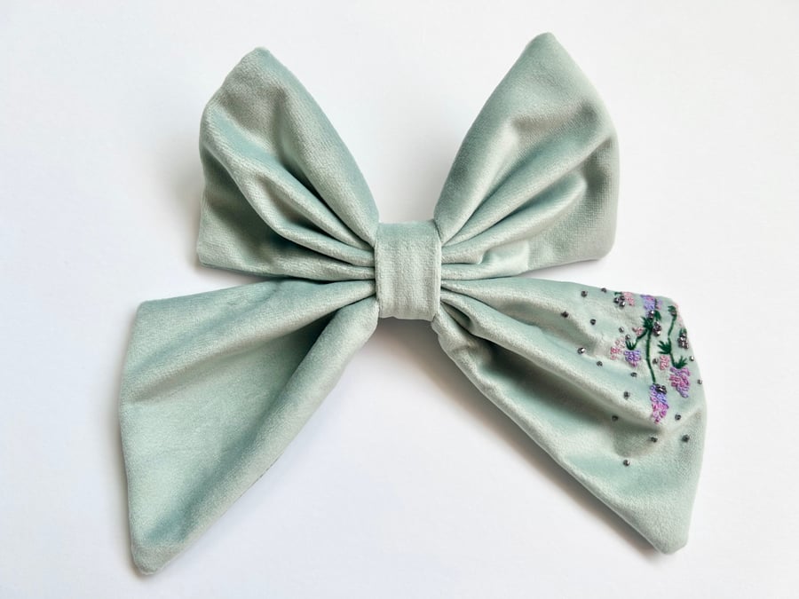 Hair bow, hand embroidered powder blue velvet wisteria flower, gift for her