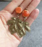 Brass maple leaf earrings, Orange and brass, Statement earrings - Image 2