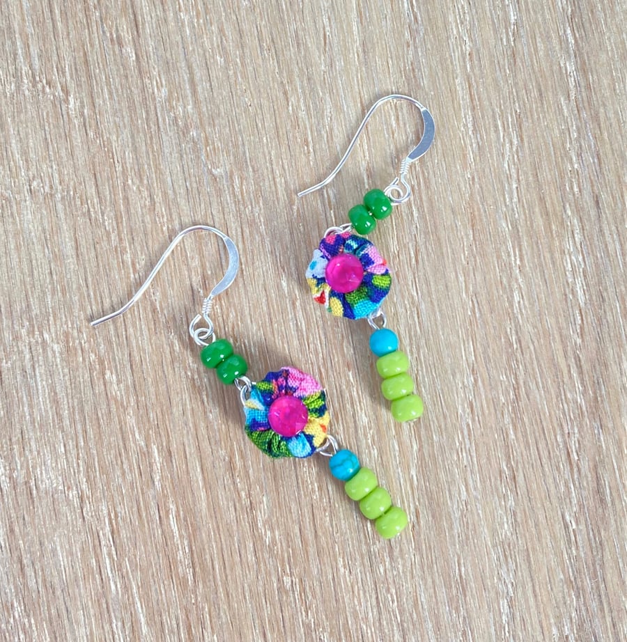 Pretty Delicate Floral Fabric Turquoise and Crystal Earrings