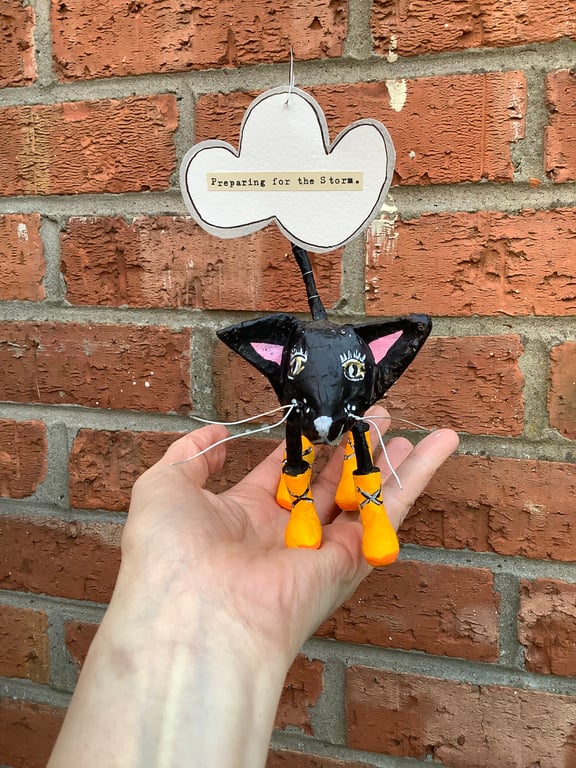 Papier-mâché cat sculpture. Quirky, fun. Sculpture. Black cat. Gift. 