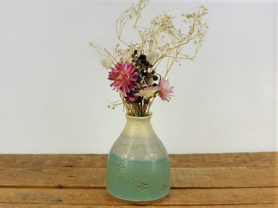 Bud Vase, Jade, Variegated Cream & Grey Glaze, Flower Imprints