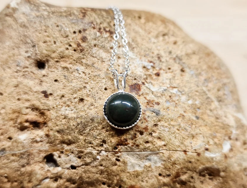 Tiny Bloodstone pendant. 925 sterling silver. March birthstone necklace.