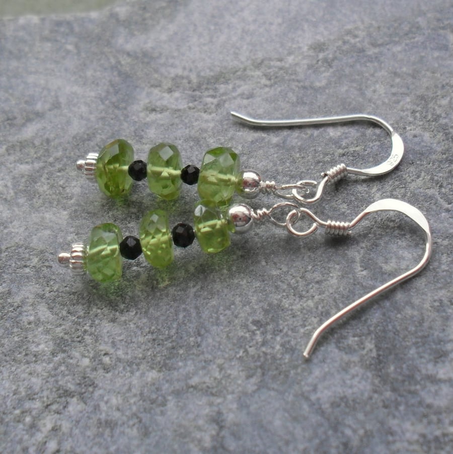 Sterling Silver Peridot and Black Spinel Earrings August Birthstone