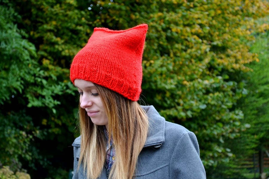 Hat Red Chunky Knit Kitty Beanie Hat