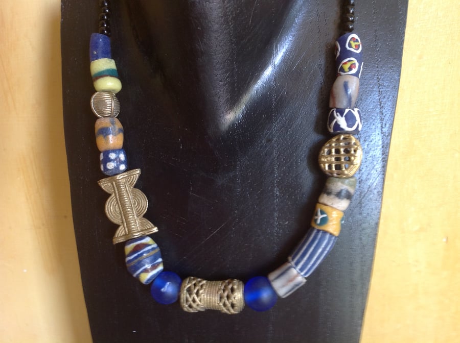 African bead necklace with old and new brass and recycled glass beads, unisex.
