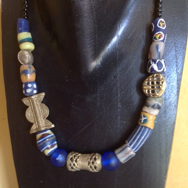 African bead necklace with old and new brass and recycled glass beads, unisex.