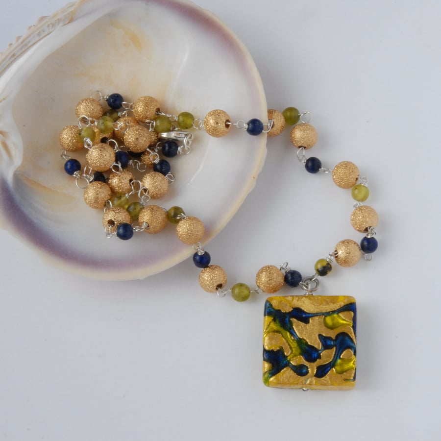 Gold, green and blue murano glass beaded necklace