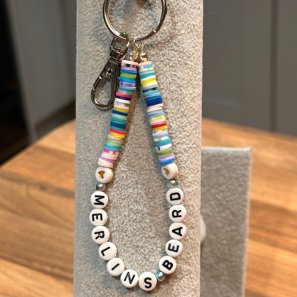 Unique Handmade keychain with heishi beads - wordy Merlin s beard