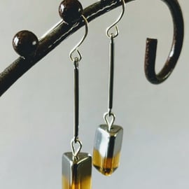 Amber and dark silver rectangular cube bead dangle earrings