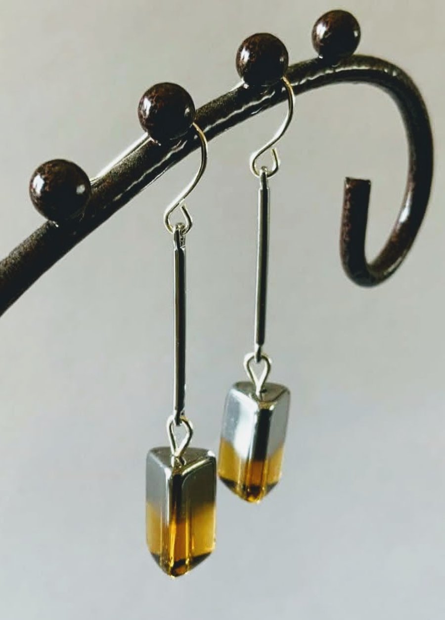 Amber and dark silver rectangular cube bead dangle earrings