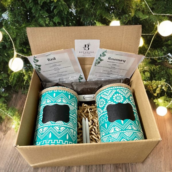 Boho Aztec Teal Handmade Recycled Eco-Friendly Indoor Kitchen Herb Gift Set