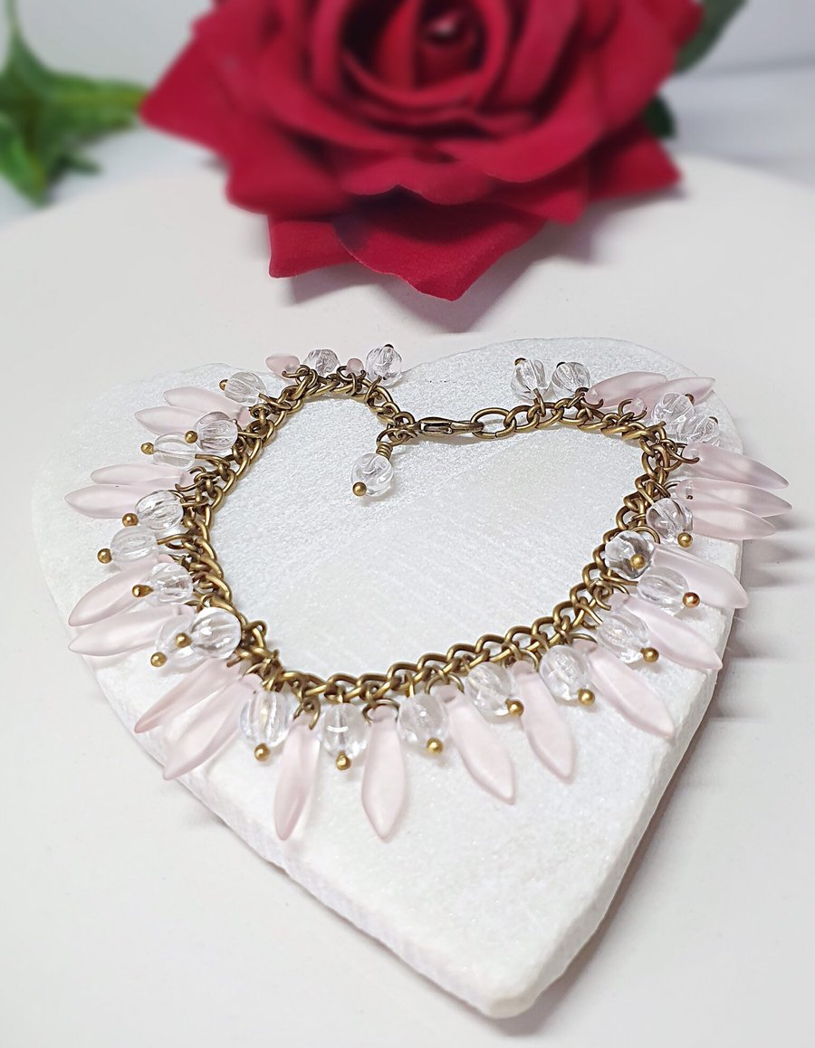 Pale pink Czech glass gypsy charm bead bracelet 