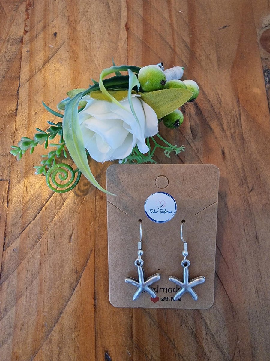 Antique Finish Silver Toned Starfish Drop Earrings - 925 Silver Ear Wires