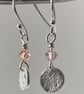 Circular silver earrings with bubble pattern and pale pink Swarovski crystals  - Image 3