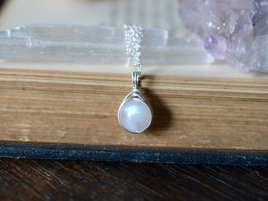 Rainbow Moonstone Necklace Wire Wrapped in Sterling Silver