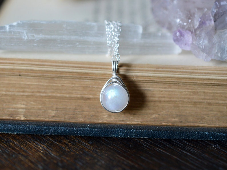 Rainbow Moonstone Necklace Wire Wrapped in Sterling Silver