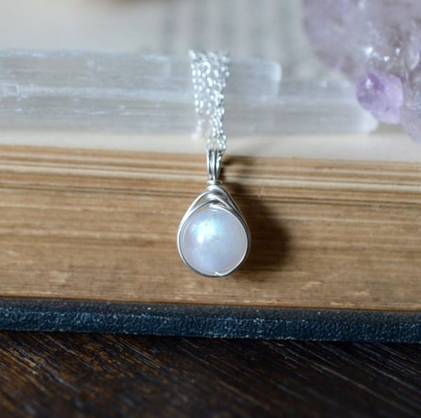 Rainbow Moonstone Necklace Wire Wrapped in Sterling Silver