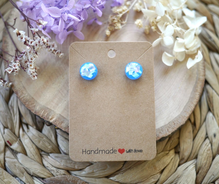 Blue Resin and Abalone Shell Stainless Steel Stud Earrings