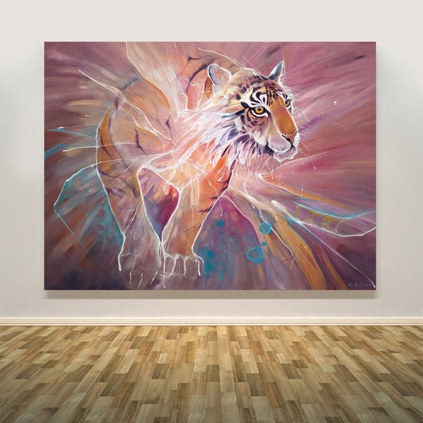 Tiger Materializing is a large semi-abstract oil painting of a tiger appearing 