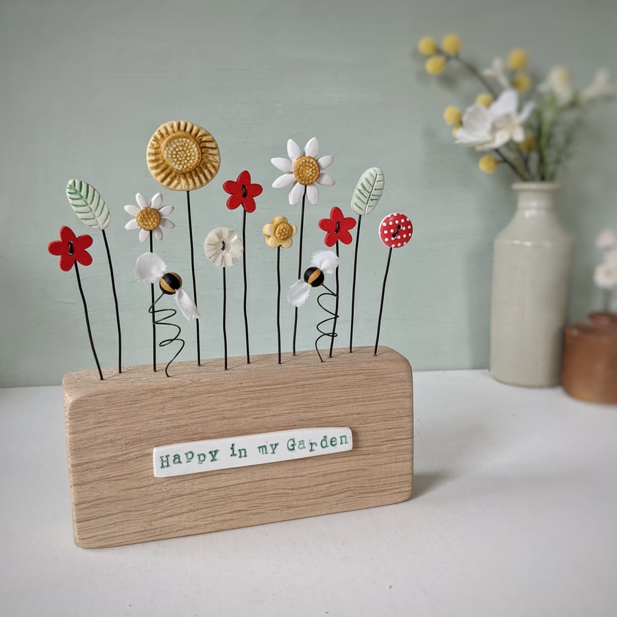 Clay and Button Flower Garden with Bees in a Wood Block