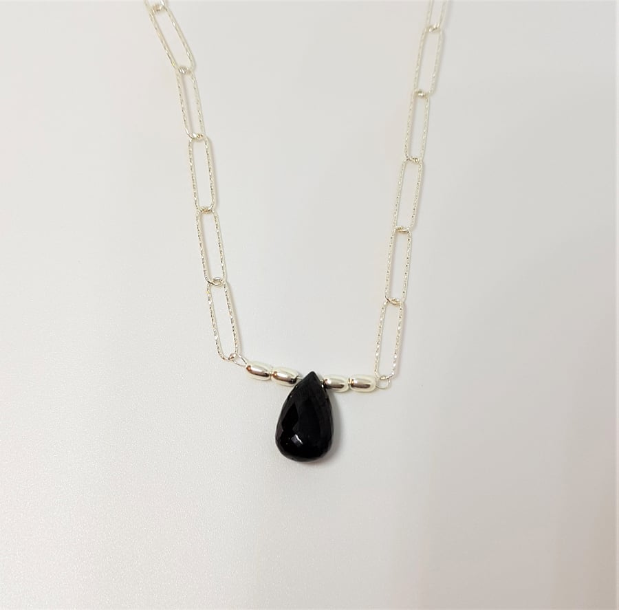 Black Spinel Teardrop Necklace, Faceted Teardrop Necklace, Art Deco Sterling Sil