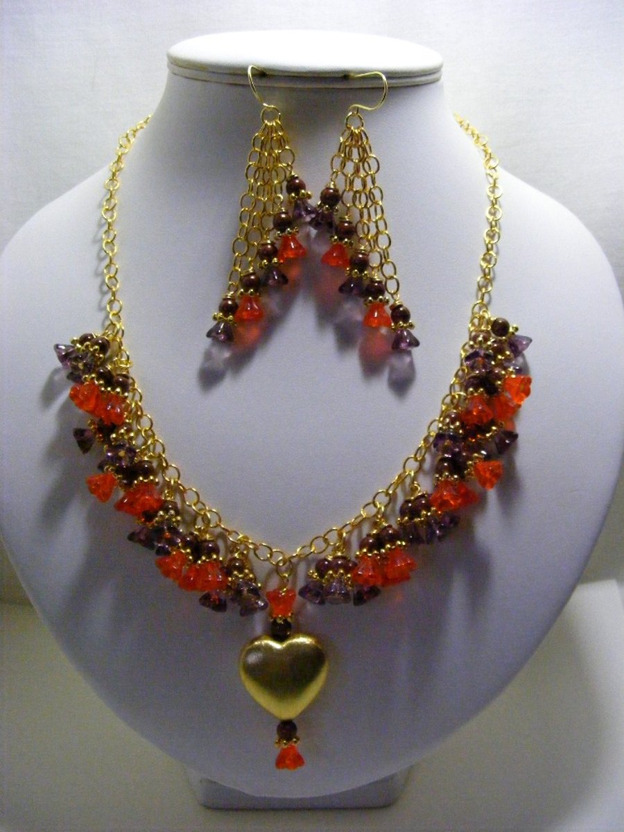 Orange and Purple Czech Glass Flower Jewellery Set