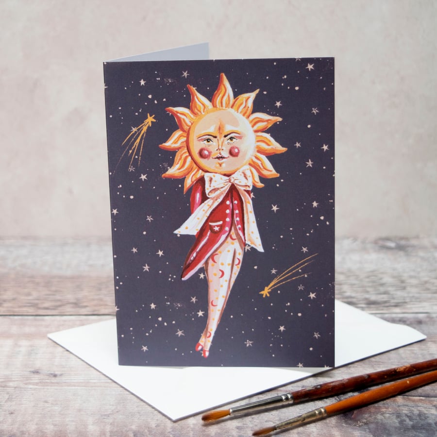 A6 greeting card of a sun named Cassius. Blank inside