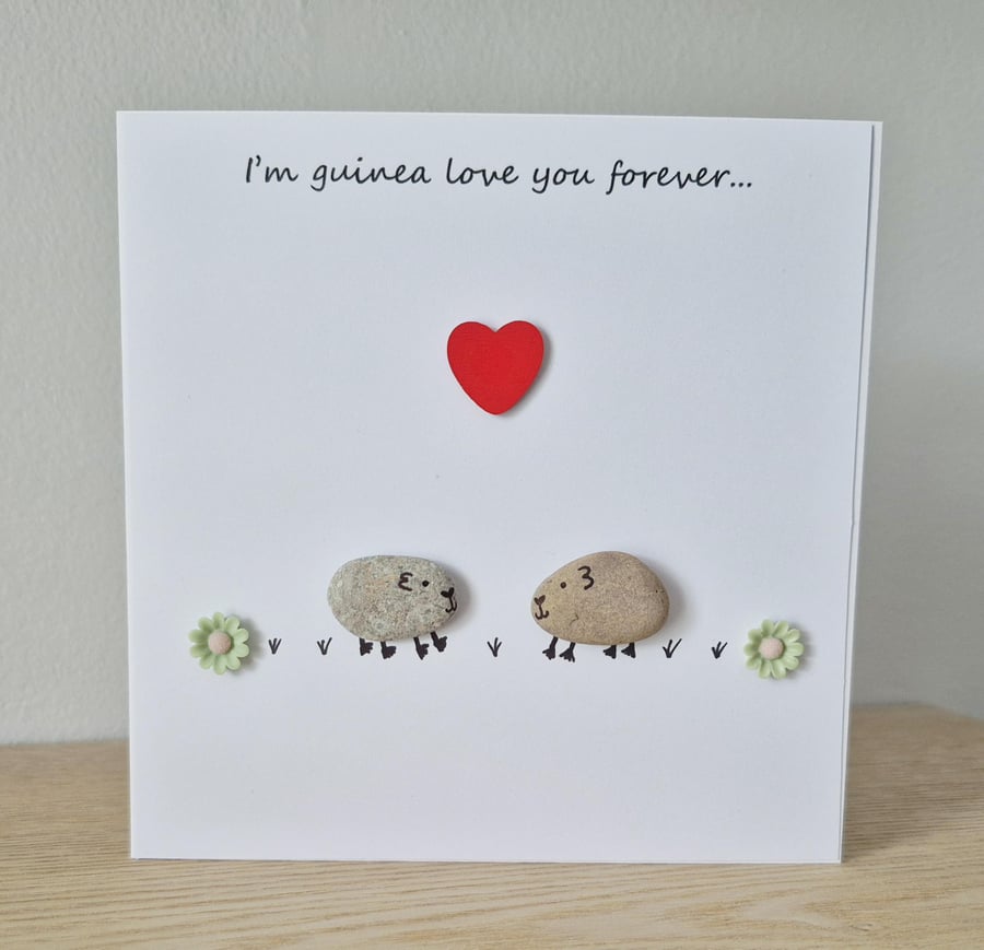 Handmade Guinea Pig Love Card: Pebble art anniversary card.