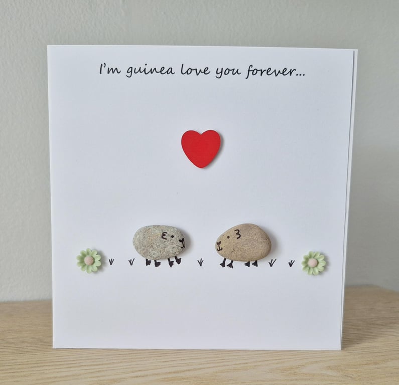 Handmade Guinea Pig Love Card: Pebble art anniversary card.