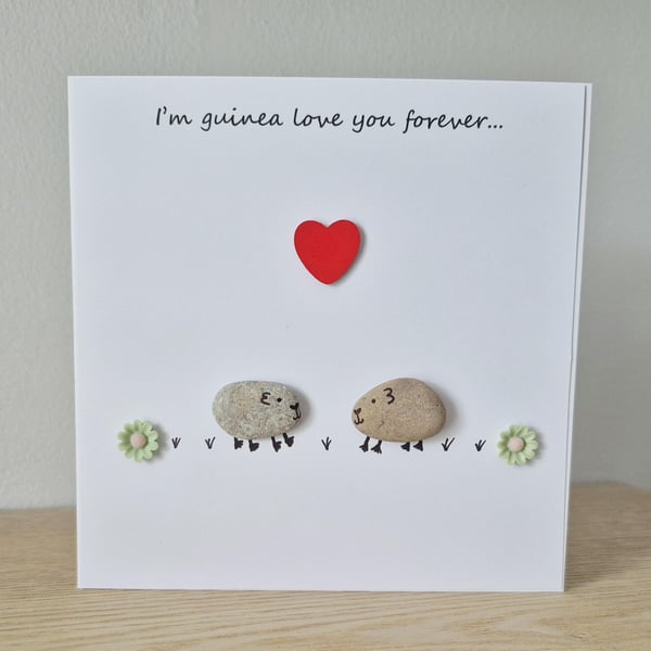 Handmade Guinea Pig Love Card: Pebble art anniversary card.