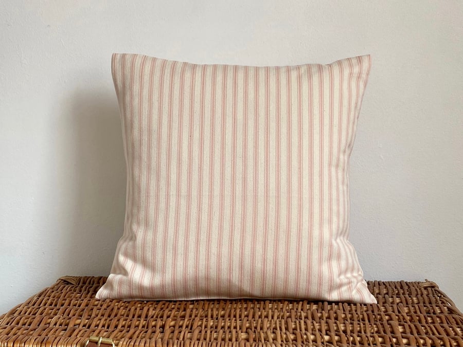 Pink and cream, ticking cushion cover, 16” x 16”