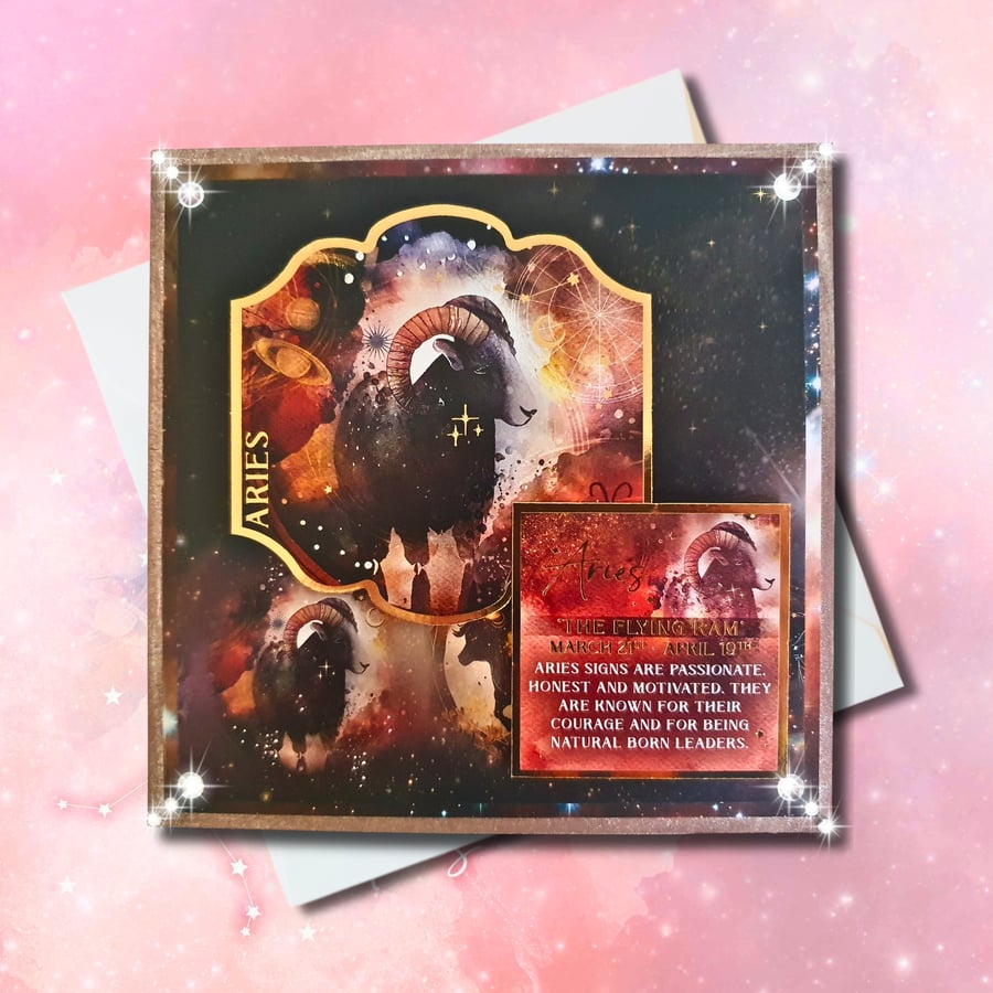 Aries Zodiac Star Sign Card, Celestial Card, March - April Birthdays