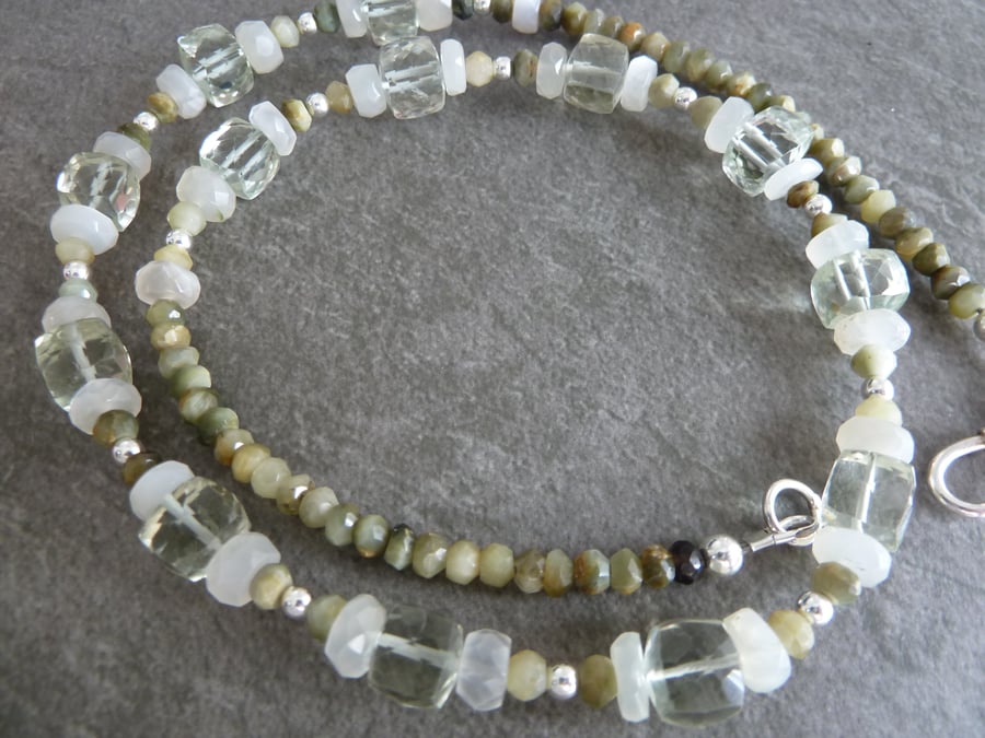 sterling silver necklace, green amethyst and moonstone