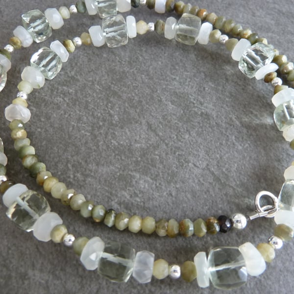 sterling silver necklace, green amethyst and moonstone