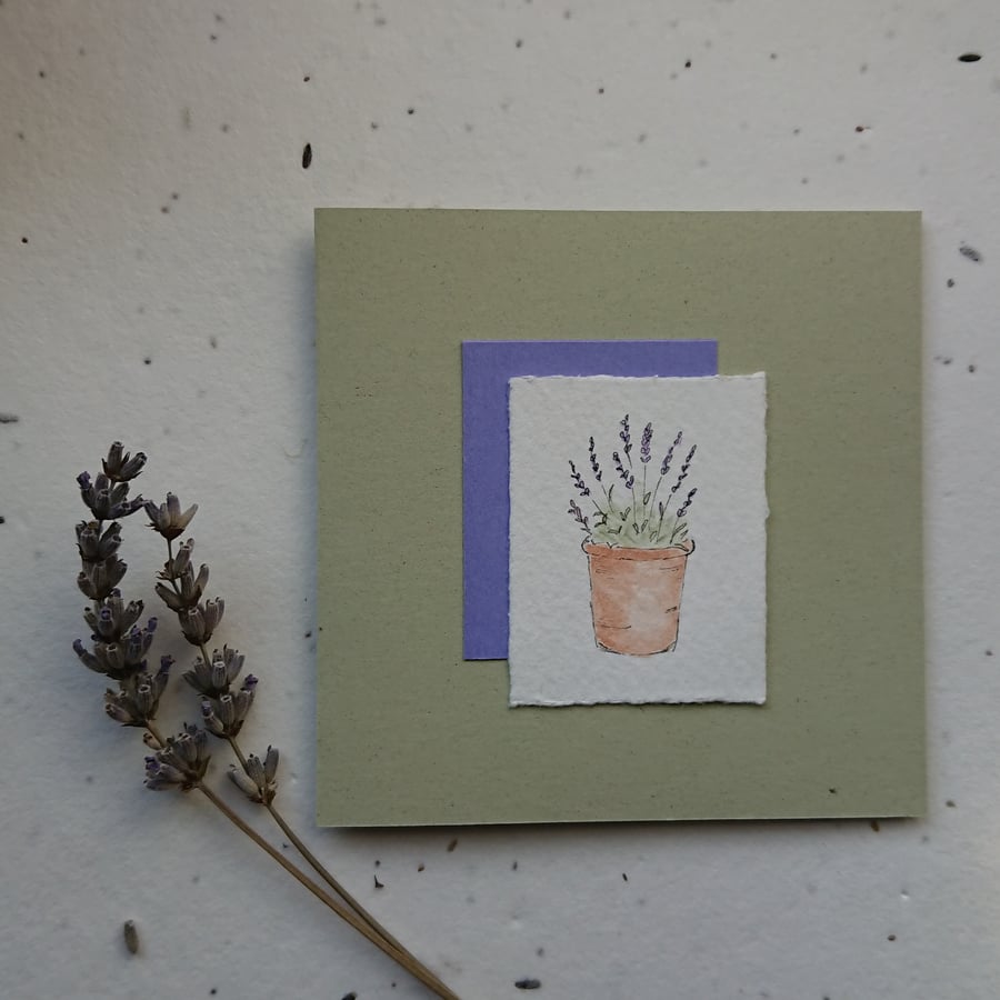 Lavender hand painted card - blank inside - recycled card and envelope