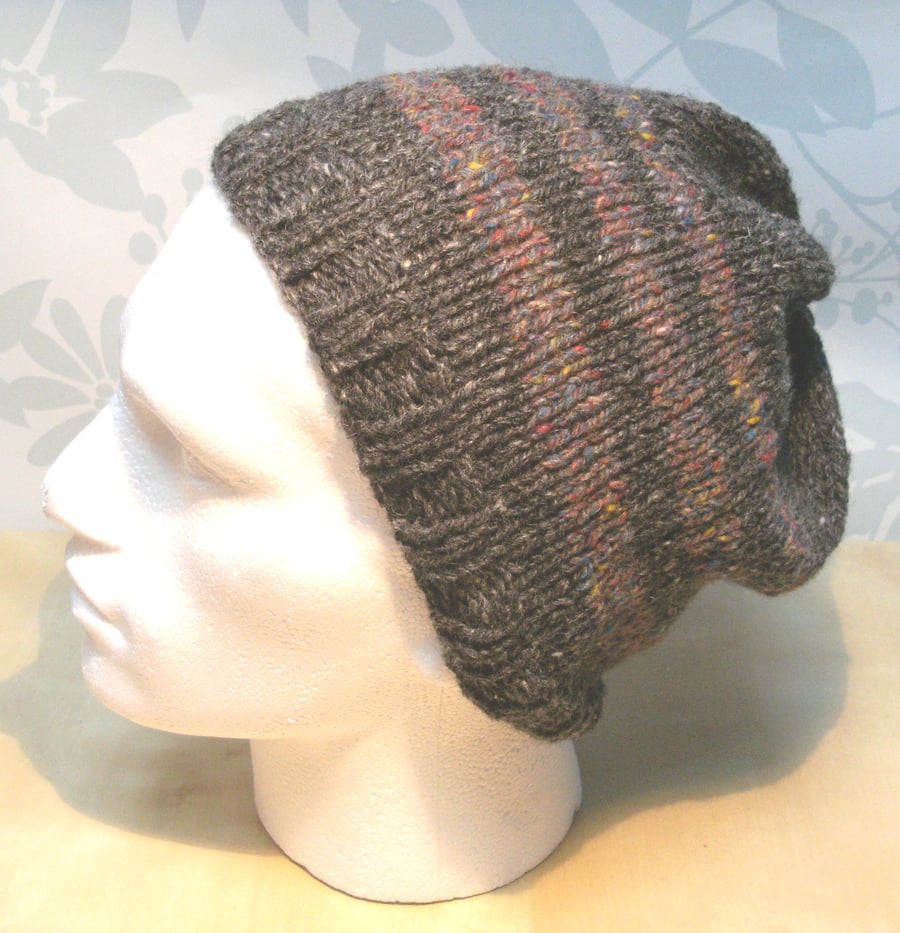 Handknit 100% Wool MENS SLOUCH HAT GREY with Stipes MEDIUM
