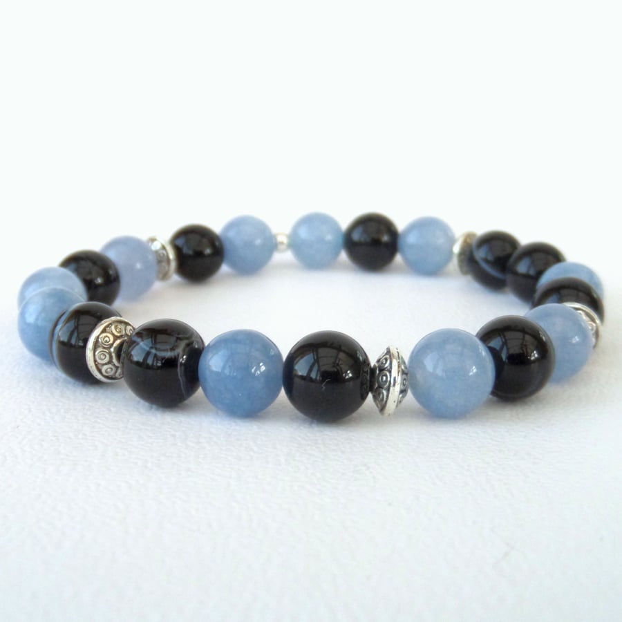 Black & blue gemstone stretchy bracelet, blue aventurine & banded black agate
