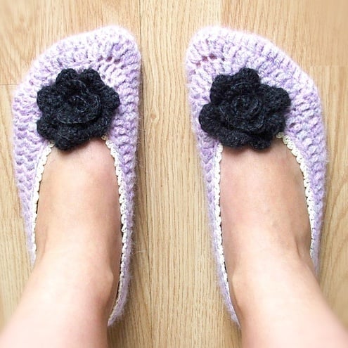 Lilac Crochet Slippers With A Rose