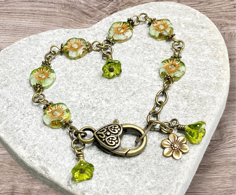 Floral boho flower bracelet in spring green shades
